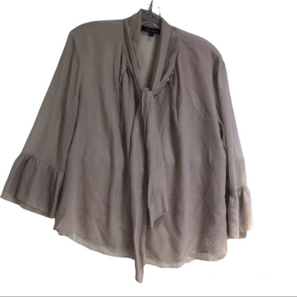 Lida Baday Silk Tie Sheer Scarf Balloon Sleeve V Neck Button Top Blouse Shirt 10
